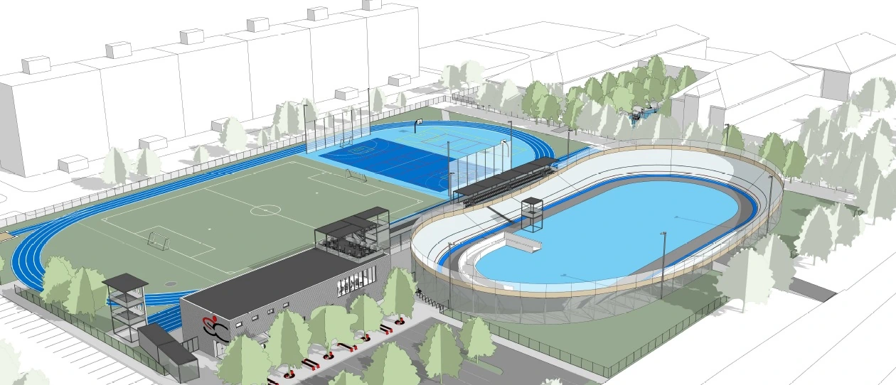 Původní architektonická studie sportovního areálu a velodromu, pohled 1