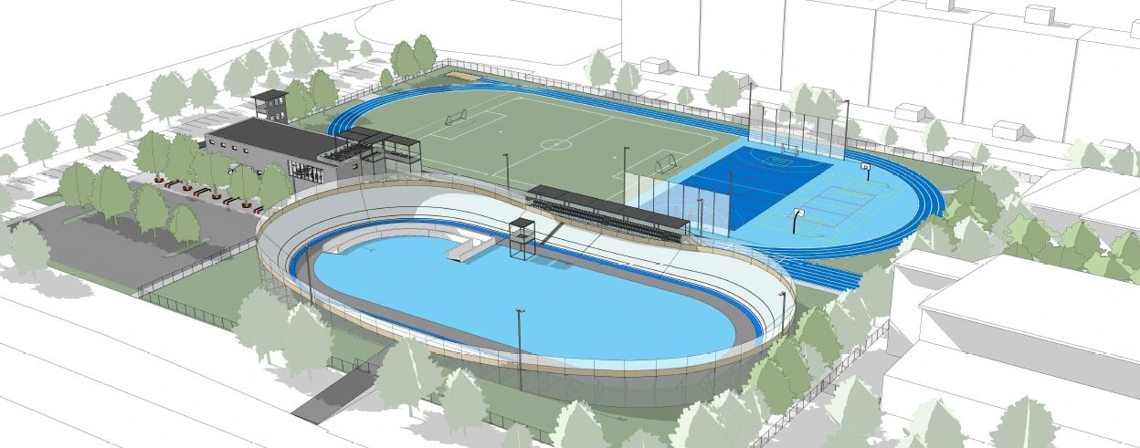 Původní architektonická studie sportovního areálu a velodromu, pohled 2