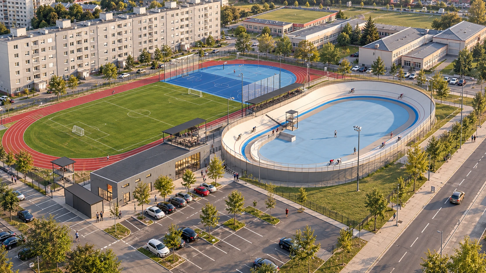 Ilustrační vizualizace plánovaného otevřeného velodromu vedle atletického a fotbalového areálu